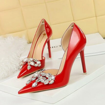 BIG TREE SHOES 638-H19 European and American High Heels Stiletto Heel Banquet Women's Shoes Shallow Mouth Pointed Side Hollow Patent Leather Rhinestone Bow Single