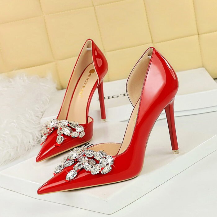 BIG TREE SHOES 638-H19 European and American High Heels Stiletto Heel Banquet Women's Shoes Shallow Mouth Pointed Side Hollow Patent Leather Rhinestone Bow Single - Image 1