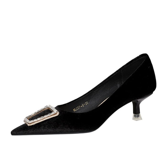 BIGTREE SHOES 237-K39 European and American Style Banquet Women's Shoes Stiletto Mid-Heel Thick Suede Shallow Mouth Pointed-Toe Metal Rhinestone Buckle Pumps - Image 4