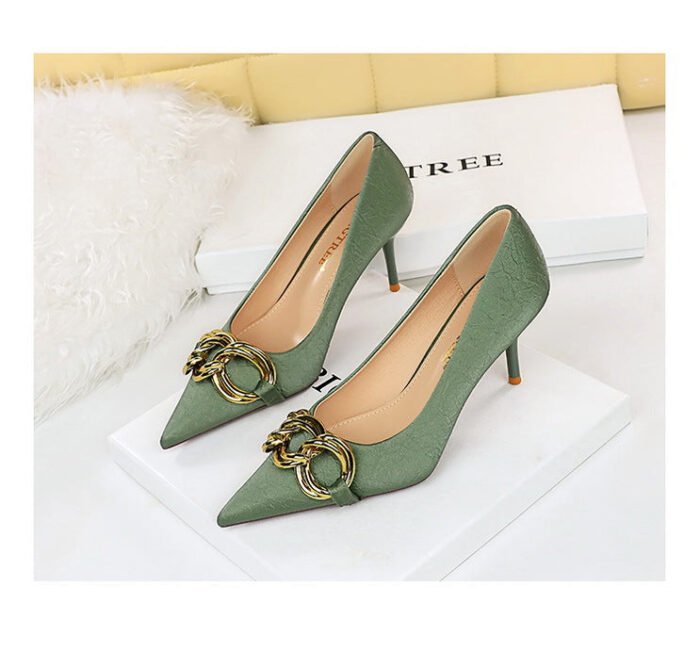 7239-A1 European and American fashion banquet women's shoes fine heel high heel shallow pointed metal buckle single shoes high heels - Image 19