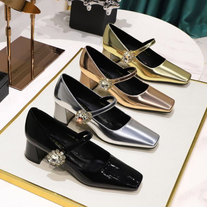 BIGTREE SHOES 5288-K86 Retro European American Style Banquet Women's Shoes Mid Heel Chunky Heel Low-Cut Square Head Rhinestone Buckle Ankle-Strap Shoes Female - Image 4