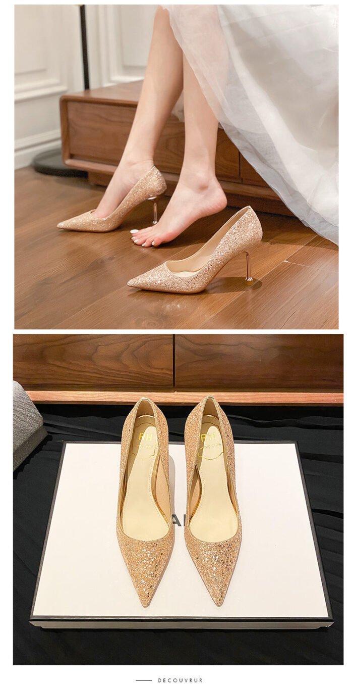 D888-88 Pointed High Heels Women's Chunky Heel Wedding Shoes High-Grade Wedding Dress Pumps - Image 9