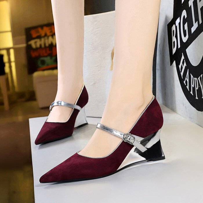 BIGTREE SHOES 2905-5 Heel Wedge Shoes Suede Shallow Mouth Pointed Toe Color Block Strap Single Shoes Women - Image 1