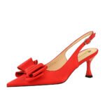 Bigtree shoes 3716-h25 fashion pedicure Korean style women's shoes satin shallow mouth pointed high heel hollow-out back strap bow single-layer shoes - Image 5