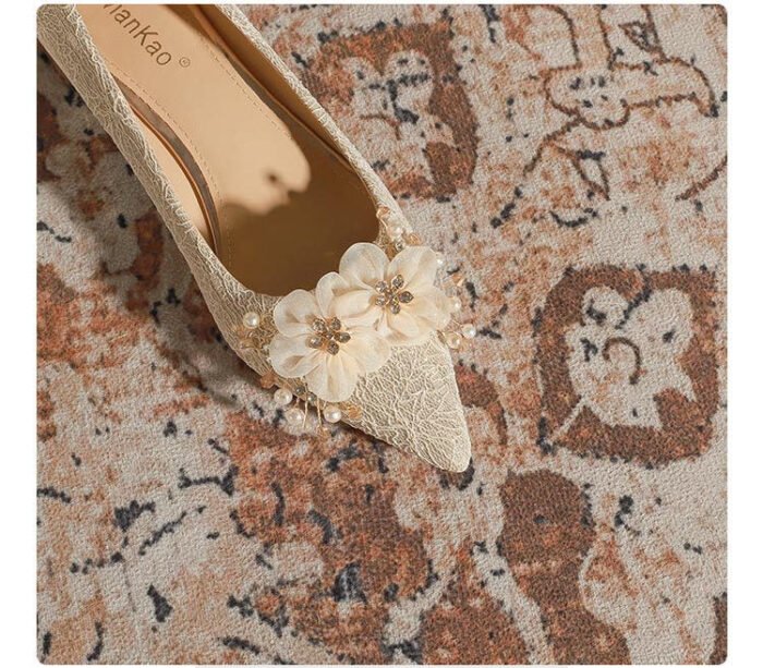 3118-105 Thick Heel Flat Shallow Mouth Pointed Toe Bridal Shoes Bridesmaid Shoes Flower Wedding Shoes Women's Beautiful Engagement Shoes Small Size - Image 6