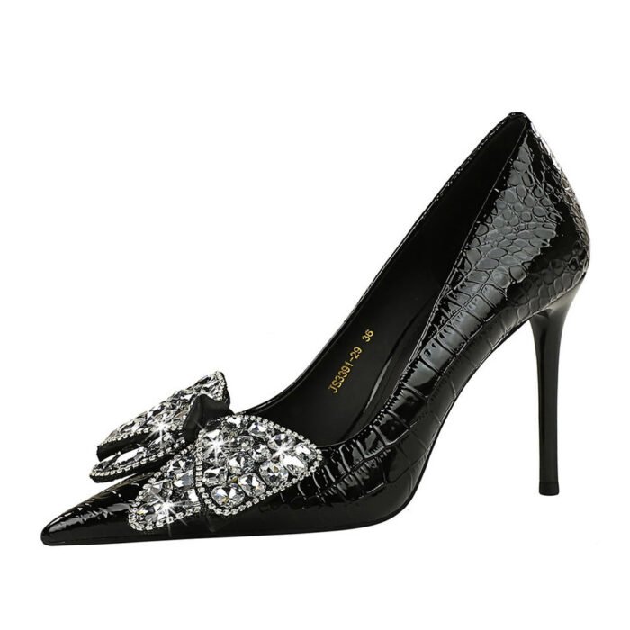 BIGTREE SHOES 3391-h21 European and American Style High Heels Stiletto Heel Stone Pattern Patent Leather Low-Cut Pointed Toe Rhinestone Bow Pumps High Heel - Image 5
