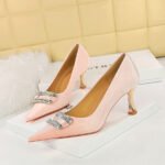 big tree shoes 1818-K76 European and American Style Fashion Banquet Women's Shoes High Heel Low-Cut Pointed Xi Shi Suede Metal Rhinestone Buckle Pumps - Image 4