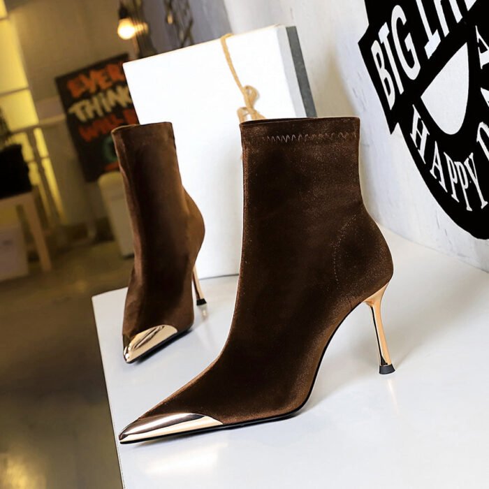 BIGTREE SHOES 319-10 European and American Style Banquet Women's Short Boots Super High Heel Stiletto Low-Cut Metal Pointed Xi Shi Suede Short Boots - Image 3
