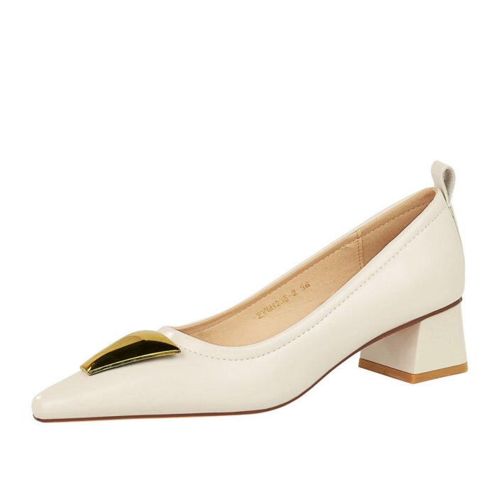 BIGTREE SHOES 1235-K55 Retro Style Fashionable Chunky Heel Mid-Heel Low-Cut Pointed-Toe Metal Decoration Pumps Business Ol Commuter Women's Shoes - Image 1