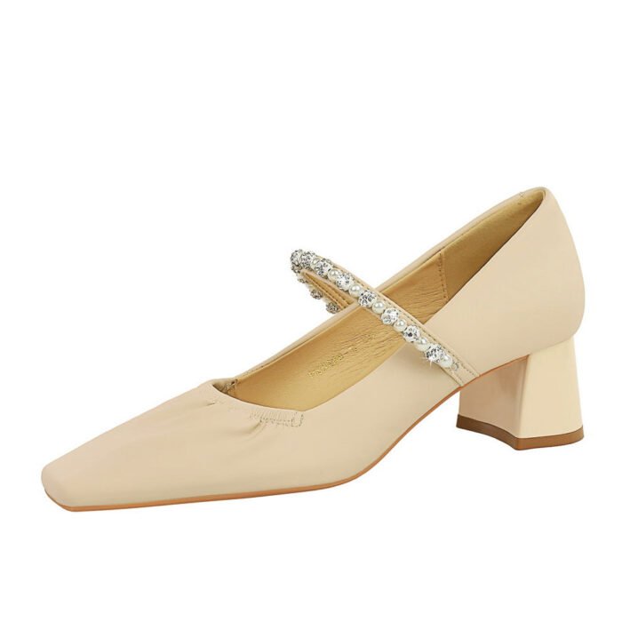 BIGTREE SHOES 5288-17 Retro Korean Type Women's Chunky Heel Mid Heel Shoes Low-Cut Square Toe Pearl Rhinestone Strap Mary Jane Shoes - Image 5