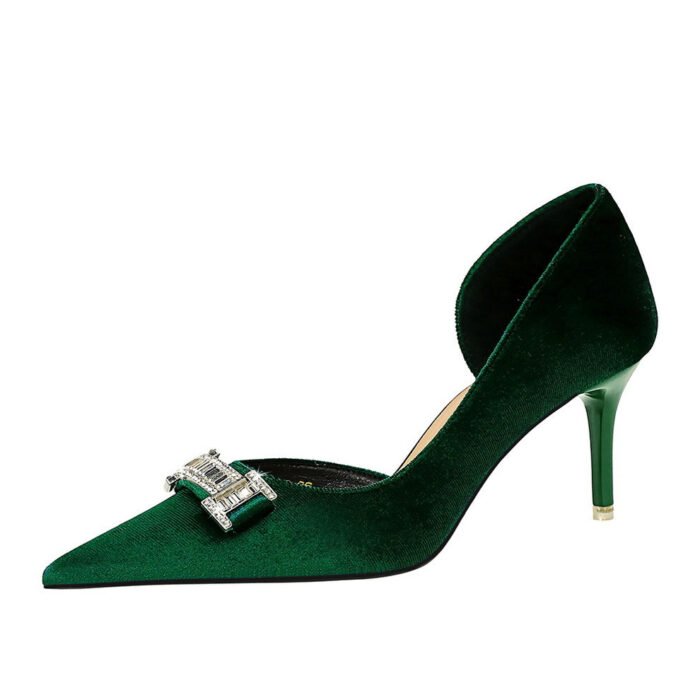BIGTREE SHOES 1363-Ak80 Banquet High Heels Women's Shoes Stiletto Suede Shallow Mouth Pointed Side Hollow Metal Rhinestone Buckle Pumps - Image 5