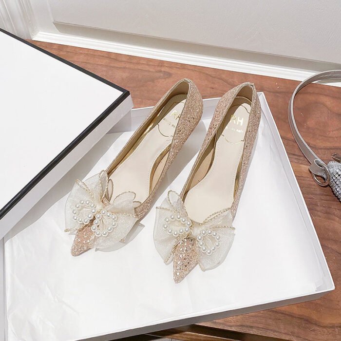D888-42 Pointed High Heels Women's Chunky Heel Wedding Shoes High-Grade Wedding Dress Annual Meeting Pumps - Image 5