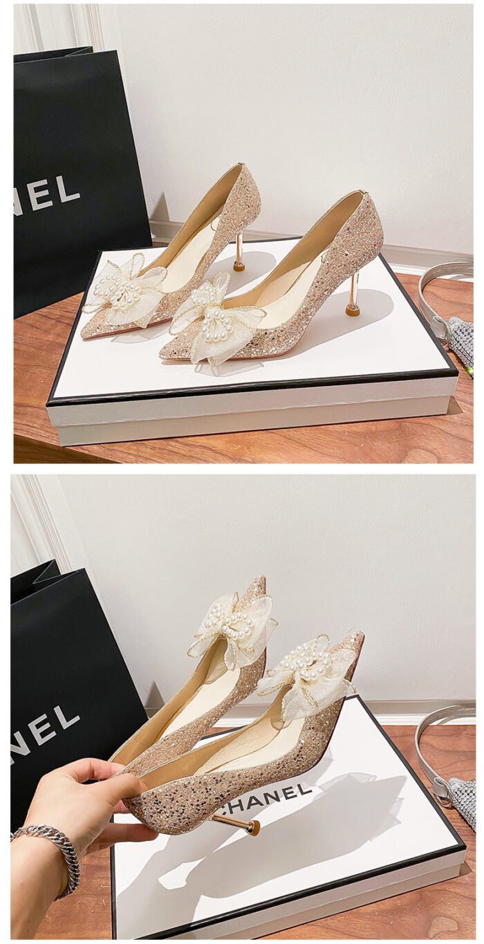 D888-42 Pointed High Heels Women's Chunky Heel Wedding Shoes High-Grade Wedding Dress Annual Meeting Pumps - Image 10