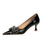 BIGTREE SHOES 1961-H39 European and American Banquet Women's Shoes Small Stiletto Heel Mid Heel Patent Leather Shallow Mouth Pointed Toe Rhinestone Bow Pumps Women's Shoes - Image 5