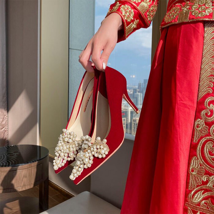Runnig heels Runnig heels 878-62 Bridal Shoes Wedding Dress Red High Heels Women New Single Layer Shoes Large and Small Size - Image 1
