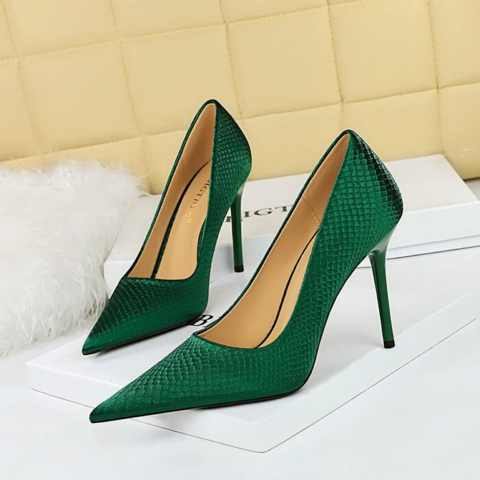 BIG TREE SHOES 3739-3 Korean Style Fashion Banquet High Heels Skinny Stilettos Super High Heel Scale Grain Satin Low-Cut Pointed-Toe Shoes - Image 2