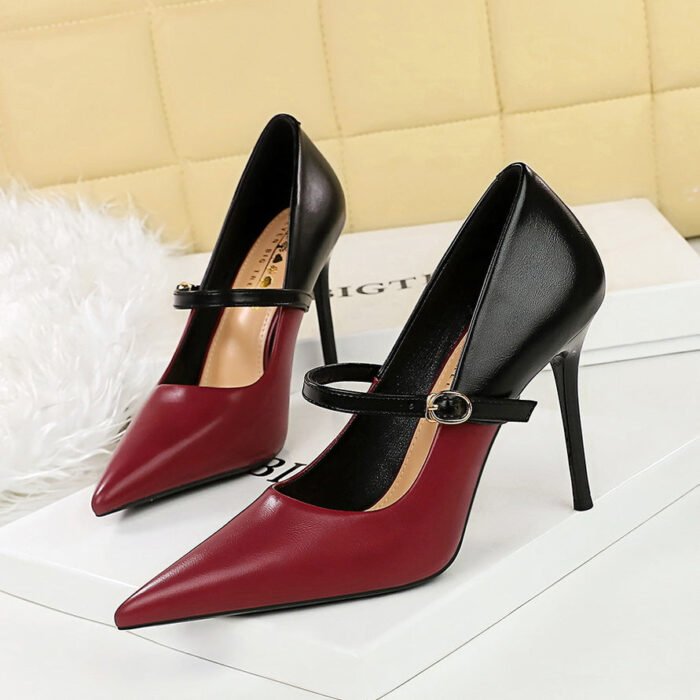 BIGTREE SHOES 9116-2 Retro European American Style Fashion High Heels Stiletto Women's Shoes Shallow Mouth Pointed-Toe Colorblock Ankle-Strap High Heel Pumps - Image 4