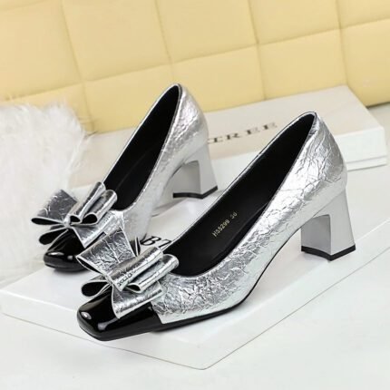 BIGTREE SHOES 5299-H58 Korean Style Fashion Women's Shoes Chunky Heel Mid Heel Shallow Mouth Patchwork Square Toe Color Block Toe Bowknot Single Shoes Women