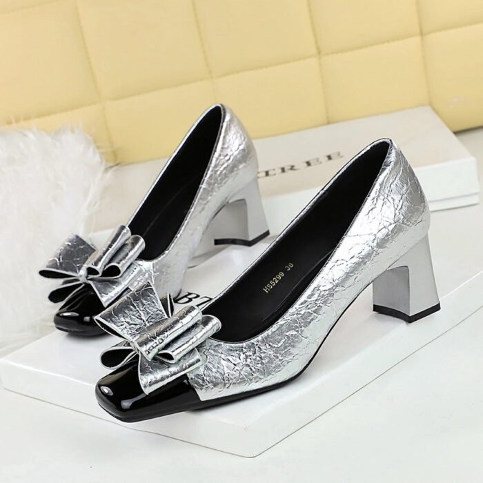 BIGTREE SHOES 5299-H58 Korean Style Fashion Women's Shoes Chunky Heel Mid Heel Shallow Mouth Patchwork Square Toe Color Block Toe Bowknot Single Shoes Women - Image 1