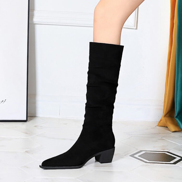 big tree shoes 009-17 Retro European American Style Knight Boots Winter Fashion Women's Boots Mid Heel Chunky Heel Pointed Toe Suede Wrinkle High Leg Boot - Image 2