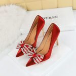 Big Tree Shoes 1829-H1 Banquet High Heels European and American Style Stiletto Heel Shallow Mouth Pointed Toe Satin Rhinestone Bow Pumps - Image 3