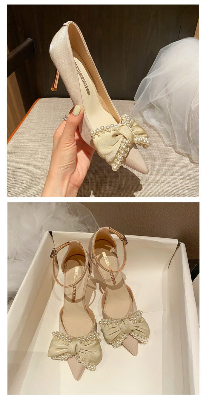 858-61 High Heels Women's New Buckle Pearl Bow Temperament Leisure Pumps - Image 9