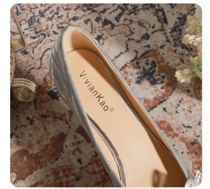 228-52 Silver Thin and Glittering Crystal Bow Thick Heel Flat Wedding Shoes Square Toe Bridal Shoes - Image 8