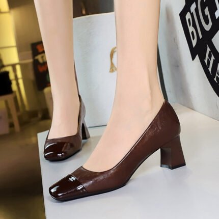 BIGTREE SHOES 5293 Retro Style Women's Shoes Chunky Heel Mid-Heel Low-Cut Stitching Square Toe European and American Banquet Versatile Fashion New Single Layer Shoes Women