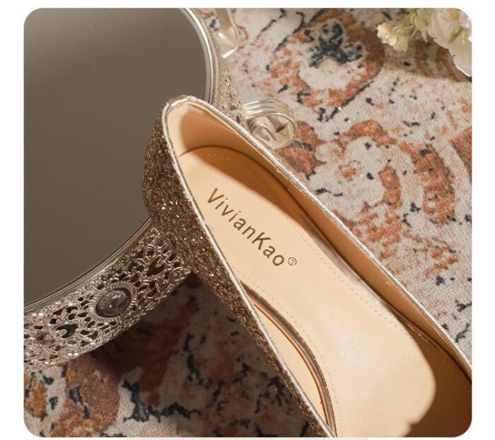 A29-6 French Square Head Gold Flat 2cm Low Heel High-Grade Rhinestone Bridesmaid Shoes Women - Image 9
