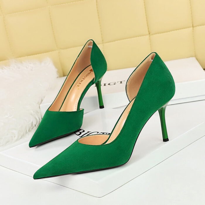 BIG TREE SHOES 8237 Korean Style Fashionable Simple Stiletto Heel Women's Shoes Slim Suede Shallow Mouth Pointed Toe Side Hollow Pumps High Heel - Image 2