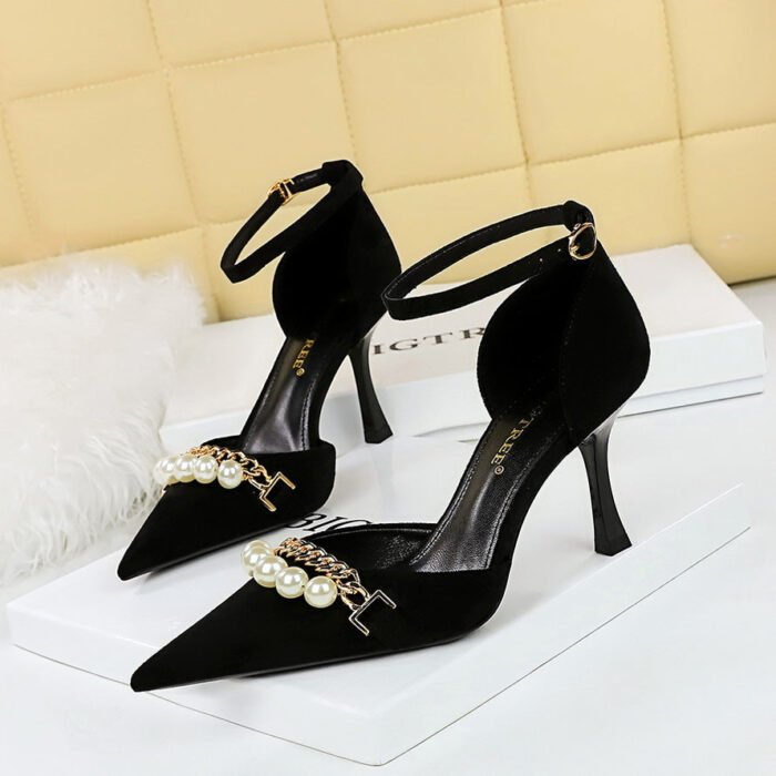 BIGTREE SHOES 8323-8 Korean Style Sping Sandal Women's Shoes Suede Shallow Mouth Pointed Pearl Metal Chain Strap Sandals Wedding Shoes - Image 2