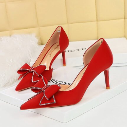 BIGTREE SHOES 3226-Ah37 Korean Style Women's Shoes Wedding Shoes Stiletto Heel Shallow Mouth Pointed Toe Side Hollow Rhinestone Bow Pumps