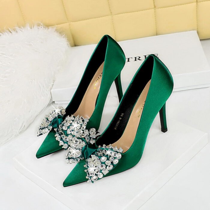 BIG TREE SHOES 3391-2h9 European and American Style Fashion Banquet High Heels Stiletto Heel Satin Shallow Mouth Pointed Toe Rhinestone Bow Pumps Women - Image 1
