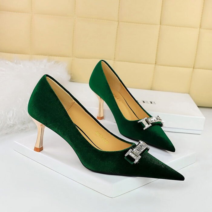 BIGTREE SHOES 1818-K80 Banquet Women's Shoes High Heel Shoes Xishi Suede Shallow Mouth Pointed Toe Rhinestone Buckle Metal Decorative High Heel Pumps - Image 2