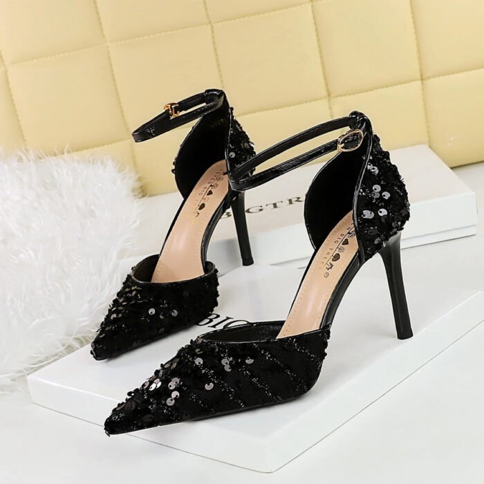 BIGTREE SHOES 8386-2 Korean Fashion Sequins Women's Shoes Stiletto Heel Low-Cut Pointed-Toe Hollowed Hollow Strap Sandals for Women - Image 2
