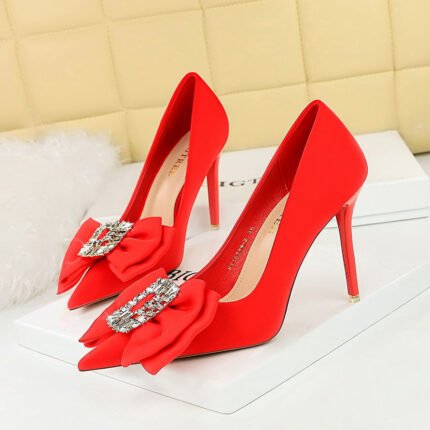 BIG TREE SHOES 18249-h32 Korean Style Banquet High Heel Stiletto Low Mouth Pointed Toe Satin Rhinestone Buckle Bow Women's Shoes Wedding Shoes