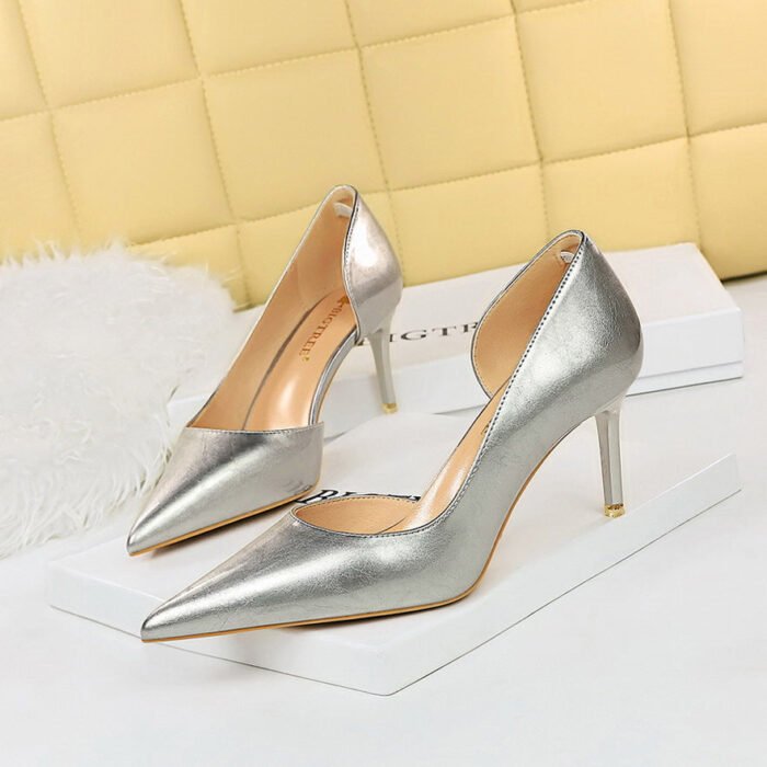 1363-A2 Korean fashion slim banquet fine heel high heel shallow pointed side hollow patent leather women's shoes single shoes high - Image 9