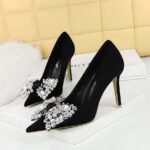 BIGTREE 516-h9 Korean Style Fashion Banquet High Heels Stiletto Suede Shallow Mouth Pointed Toe Rhinestone Bow Pumps Women's Shoes - Image 2