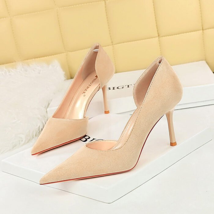 BIG TREE SHOES 8237 Korean Style Fashionable Simple Stiletto Heel Women's Shoes Slim Suede Shallow Mouth Pointed Toe Side Hollow Pumps High Heel - Image 4