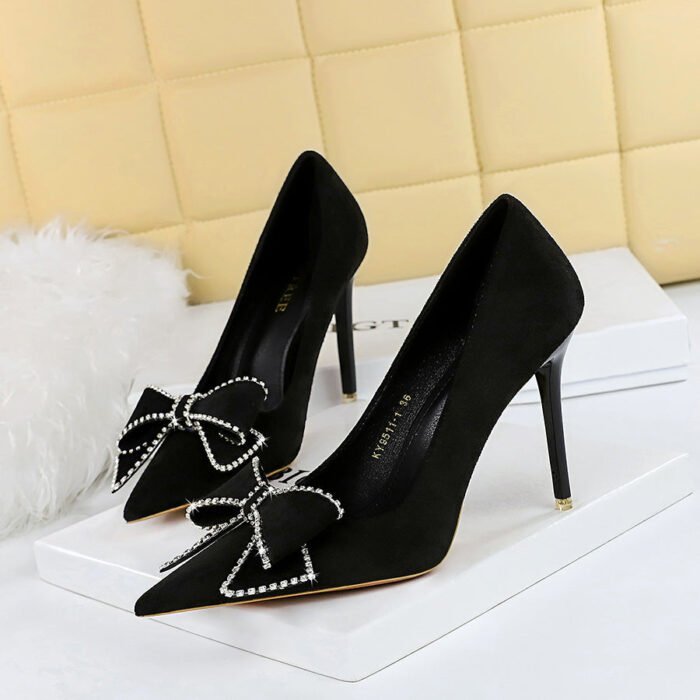 Big Tree Shoes 9511-H7 European and American Sexy Nightclub Super High Heel Women's Shoes Stiletto Suede Shallow Mouth Pointed Toe Rhinestone Bow Pumps - Image 1