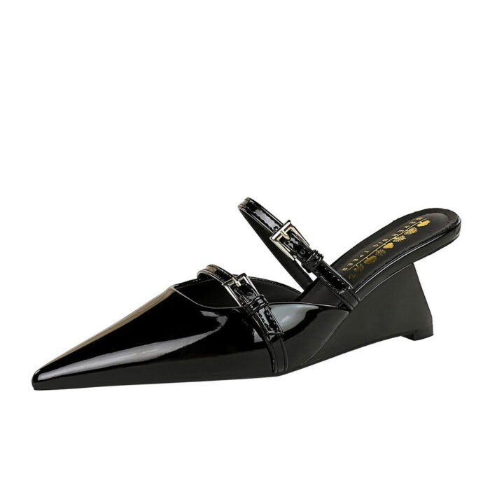 BIGTREE SHOES 1097-6 Korean Style Outdoor Slippers Pointed Toe Toe Cap High Heel Wedge Patent Leather Low-Cut Women's Half Slippers with Buckle - Image 5
