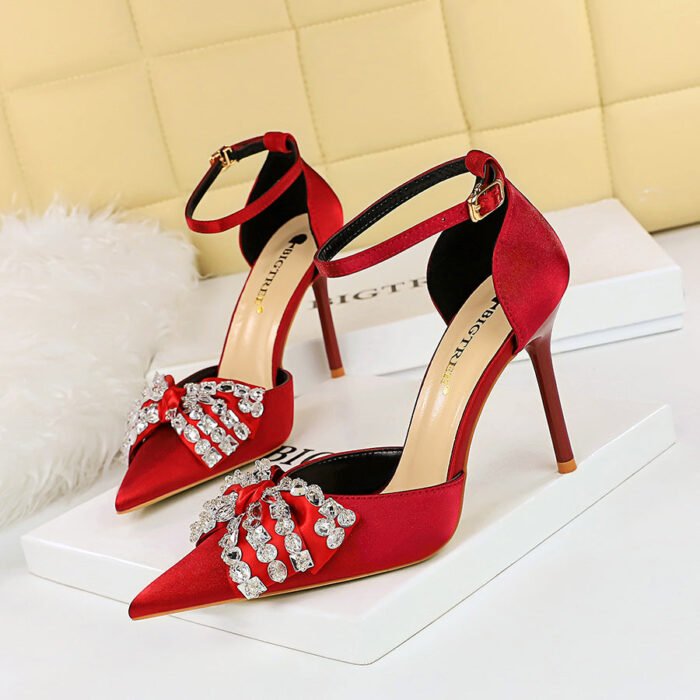Big Tree Shoes 5198-H1 European and American Style Summer High Heels Women's Shoes Low-Cut Pointed Toe Rhinestone Bow Hollow Strap Sandals - Image 2