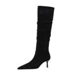 big tree shoes 328-19 European and American Style Versatile Knee-High Boots Women's Boots Middle Heel Fine Heel Pointed Toe Suede Retro Folding Tube Surface High Boots - Image 5