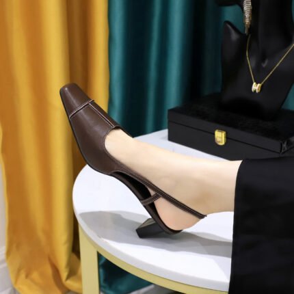 BIGTREE SHOES 171 Retro Style All-Match Mid Heel Chunky Heel Low-Cut Square Toe Cap Spring and Summer Women's Shoes Hollow Back Strap Slingback Sandals