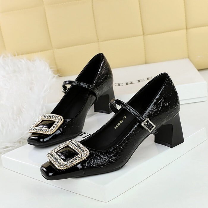 BIGTREE SHOES 5298-K32 European and American Style Party Women's Shoes Chunky Heel Mid Heel Shallow Mouth Color Block Square Toe Metal Rhinestone Buckle Strap Single Shoes - Image 2