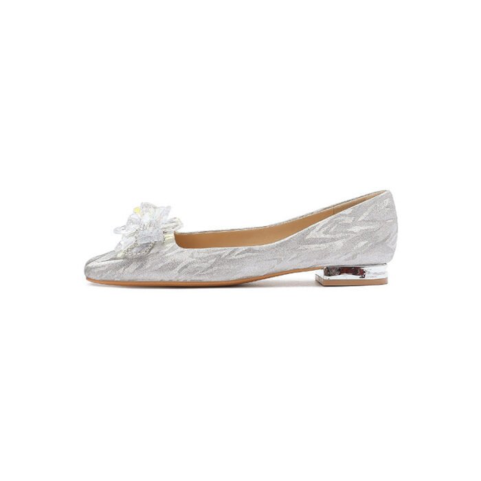 228-52 Silver Thin and Glittering Crystal Bow Thick Heel Flat Wedding Shoes Square Toe Bridal Shoes - Image 6