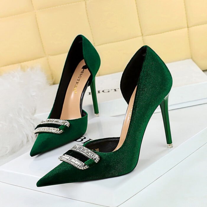 Bigtree Shoes 1363-K76 Banquet High Heels Women's Shoes Thick Suede Shallow Mouth Pointed Toe Side Hollow out Super High Heel Rhinestone Buckle Pumps - Image 1