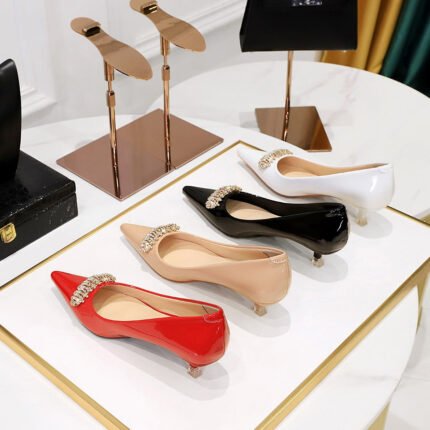 BIGTREE SHOES 237-K31 European and American Style Banquet Women's Shoes Stiletto Mid-Heel Patent Leather Low-Cut Pointed Toe Rhinestone Metal Decoration Pumps Female