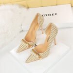 8829-1 Korean version of high-heeled shoes with lattice pattern shallow mouth side hollow houndstooth pearl metal chain super high-heeled shoes - Image 4