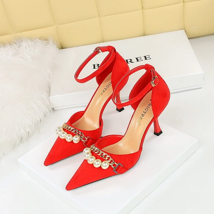BIGTREE SHOES 8323-8 Korean Style Sping Sandal Women's Shoes Suede Shallow Mouth Pointed Pearl Metal Chain Strap Sandals Wedding Shoes - Image 4